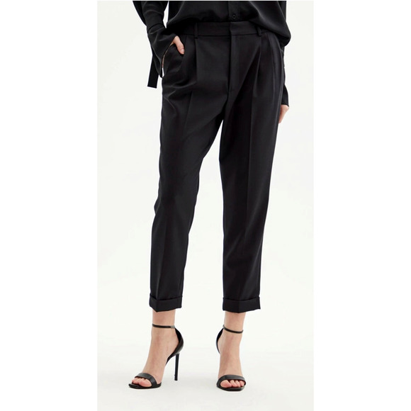 Nili Lotan 2 Slouchy Wool $575 Montana Dress Pants Pleated Cropped Black